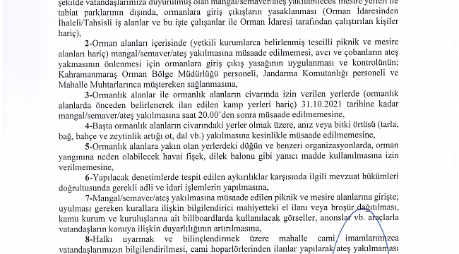 29.07.2021 Tarihinde Sayın Valimiz Ömer Faruk COŞKUN Başkanlığında Alınan 2021/36 Sayılı Kahramanmaraş İl Umumi Hıfzıssıhha Meclis Kararı